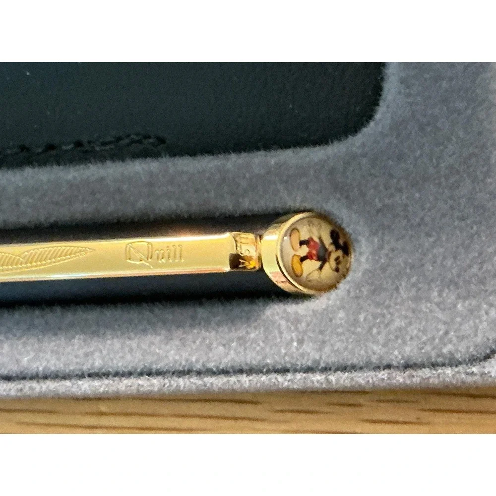 Vintage Disney Mickey Mouse Quill Ballpoint Pen Matte Black Gold Trim USA Boxed